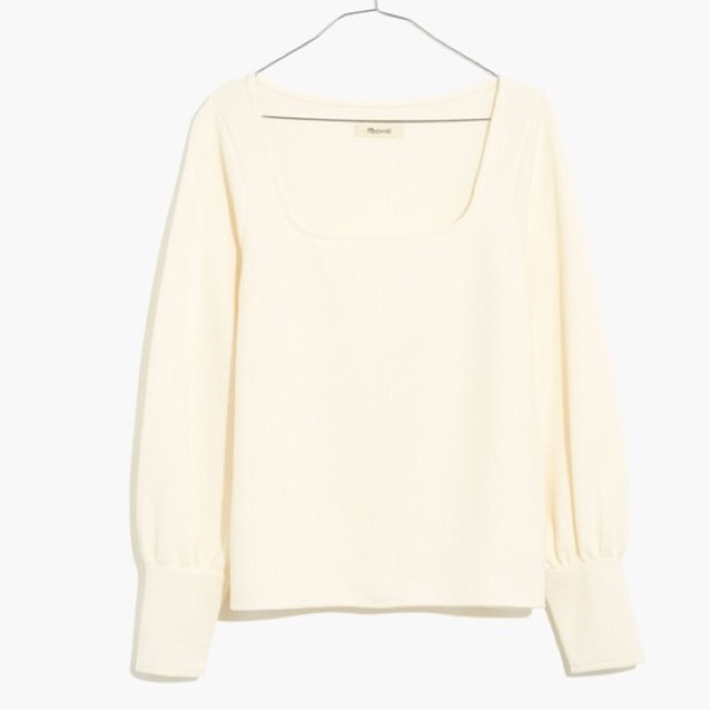 Madewell Size Medium Ottoman Rib‎ Square Neck Top Antique Cream Puff Sleeves